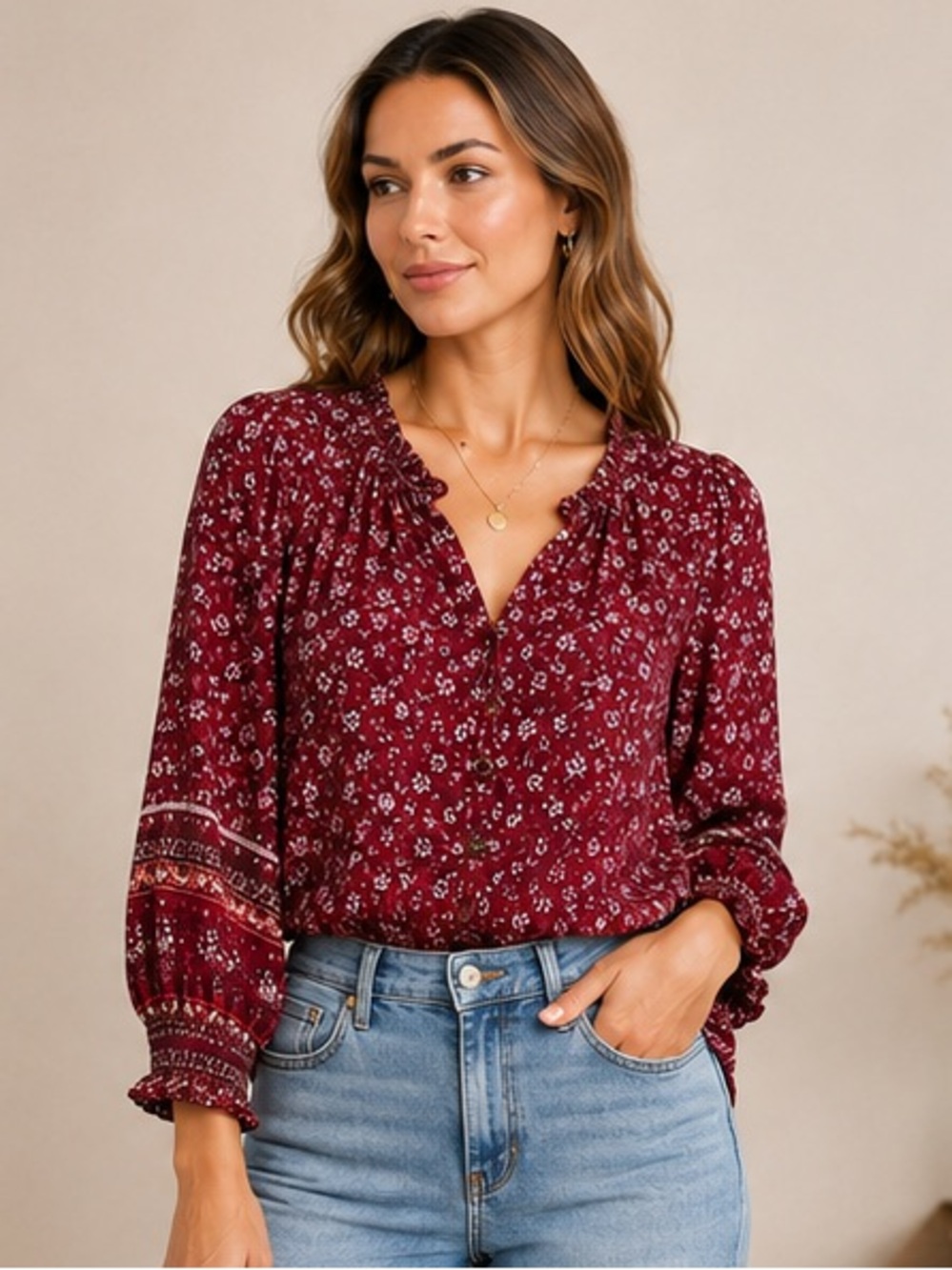 Mason & Belle Burgundy Floral Peasant Boho Flowy Button Front Blouse  XS NWT